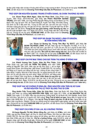 lại đau phải nhập viện và bác sĩ buộc phải mổ lại vì nẹp xương bị lệch. Chúng tôi xin trợ giúp 10.000.000
VND, số tiền được trích từ Chương Trình Nhịp Cầu Bác Ái Phanxicô ( có 2 biên lai ).
TRỢ GIÚP EM NGUYỄN QUANG TRUNG Ở KIÊN GIANG, BỊ CHẤN THƯƠNG SỌ NÃO
Lm. Giuse Phạm Minh Ngọc, Giáo Xứ Phan Sinh, Giáo Phận Long
Xuyên, điện thoại: 0919.540.404, giới thiệu em Phêrô NGUYỄN QUANG
TRUNG, sinh năm 1996, con ông Phêrô Nguyễn Mộng Hùng và bà Maria Lại Thị
Bạch Yến, ngụ tại kinh 10A, xã Thạnh Đông B, huyện Tân Hiệp, tỉnh Kiên Giang.
Gia đình có rất ít đất canh tác. Trung có bốn anh em, hai anh trai của Trung ở
nhà làm ruộng phụ bố mẹ, em gái còn đi học, bản thân Trung đã nghỉ học đi làm
thuê. Đêm 30 Tết 2014, Trung bị tai nạn giao thông, chấn thương sọ não và
đã mổ 2 lần tại Bệnh Viện 115. Ngày 22.5.2014, Trung nhập viện lần 3 để mổ lắp
hộp sọ. Chúng tôi xin trợ giúp 10.000.000 VND, số tiền được trích từ Chương
Trình Nhịp Cầu Bác Ái Phanxicô ( có 2 biên lai ).
TRỢ GIÚP BÀ QUAN THỊ NGỌC LÀNH Ở SÀIGÒN,
BỊ VIÊM MÀNG NÃO MỦ
Lm. Giuse Lê Quang Uy, Trung Tâm Mục Vụ DCCT, giới thiệu bà
QUAN THỊ NGỌC LÀNH, 49 tuổi, hiện ngụ tại 7/3 Nguyễn Thị Diệu, P. 6, Q. 3,
Sàigòn. Bố mẹ mất sớm, gia đình có 7 anh chị em mà có 3 người bị tâm thần.
Tinh thần bà Lành cũng không được minh mẫn cho lắm, bà sống với người chị, ở
nhà phụ việc gia đình. Bà Lành bị viêm màng não mủ, được theo dõi và điều trị
tại Bệnh Viện 115. Chúng tôi xin trợ giúp 3.500.000 VND, số tiền được trích từ
Chương Trình Nhịp Cầu Bác Ái Phanxicô ( có 2 biên lai ).
TRỢ GIÚP CHI PHÍ MAI TÁNG CHO BÀ TRẦN THỊ HẰNG Ở ĐỒNG NAI
Lm. Phêrô Vương Văn Tuyên, Giáo Xứ Phú Thiện, Giáo
Phận Xuân Lộc, giới thiệu bà TRẦN THỊ HẰNG, sinh năm 1968,
chồng là Nguyễn Văn Vinh, hiện ngụ tại ấp Phú Quý 1, xã La Ngà,
huyện Định Quán, tỉnh Đồng Nai, điện thoại: 01688.509.770. Vợ chồng
bà Hằng có 4 người con đang tuổi ăn học, chồng đi làm công nhân 3
triệu đồng 1 tháng. Nhà bà ở sâu trong rẫy, từ ngoài đường lớn đi vào
2km chỉ có mỗi gia đình bà sinh sống. Ngày 8.6.2014, bà Hằng phải
cấp cứu ở Bệnh Viện Ung Bướu và được chẩn đoán là ung thư vú
giai đoạn cuối không thể cứu được nên các bác sĩ đã cho bà xuất
viện về với gia đình. Ngày 10.6.2014, bà đã qua đời tại nhà. Chúng tôi xin trợ giúp 5.000.000 VND chi
phí mai táng cho bà, số tiền được trích từ Chương Trình Nhịp Cầu Bác Ái Phanxicô ( có 1 biên lai ).
TRỢ GIÚP HAI VỢ CHỒNG Ở ĐĂKLĂK, ÔNG NGUYỄN VĂN TRÃI BỊ XƠ GAN
VÀ BÀ NGUYỄN THỊ LỆ THỦY BỊ UNG THƯ DI CĂN
Ông Antôn Trần Trung Hiếu, Giáo Xứ Vinh Đức, Giáo Hạt Buôn Hồ, Giáo Phận Buôn Ma
Thuột, giới thiệu vợ chồng ông NGUYỄN VĂN TRÃI, sinh ngày 25.1.1954, và bà NGUYỄN THỊ LỆ
THỦY, sinh ngày 11.12.1965, hiện ngụ tại phường Thống Nhất, thị xã Buôn Hồ, tỉnh Đăklăk, thuộc Giáo
Xứ Vinh Đức, gia đình có 3 người con, làm ruộng. Ông Trãi bị bệnh xơ gan, đang điều trị ngoại trú tại
Bệnh Viện Nhiệt Đới, Q. 5, Sàigòn. Còn bà Lệ Thủy bị bệnh ung thư vú đã di căn, đang điều trị tại
Bệnh Viện Ung Bướu, Sàigòn. Cả hai vợ chồng cùng lúc mang bệnh ngặt nghèo, gia đình hoàn toàn kiệt
quệ. Chúng tôi xin trợ giúp 9.000.000 VND cho gia đình, số tiền được trích từ Chương Trình Nhịp Cầu
Bác Ái Phanxicô ( có 8 biên lai ).
TRỢ GIÚP CHỊ H’MÍU Ở GIA LAI, BỊ U BUỒNG TRỨNG
Cô Isave Nguyễn Thị Nỡ, Nhóm Hồng Ân, giới thiệu chị H’Míu, sinh năm
1989, ngụ tại Plei Choet Ngol, xã Chư Á, thành phố Pleiku, tỉnh Gia Lai, điện thoại:
01692.199.723. Ba mẹ H’Míu làm ruộng chỉ đủ sống, gia đình có bốn anh chị em,
bản thân H’Míu giữ trẻ ở Giáo Xứ. Chị bị u buồng trứng, ngày 9.6.2014, phải về
Sàigòn nhập viện để phẫu thuật gấp. Chúng tôi xin trợ giúp 3.900.000 VND, số tiền
được trích từ Chương Trình Nhịp Cầu Bác Ái Phanxicô ( có 5 biên lai ).
23
 