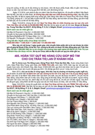 lưng trở xuống, đi tiểu và đi cầu không tự chủ được. Anh đã được phẫu thuật, điều trị gần một tháng,
được ra viện, hẹn tái khám nhưng gia đình hết tiền, anh đã không trở lại.
Ngày 17.2.2014, anh phải đi cấp cứu bệnh Viện Đa Khoa Nghệ An, rồi chuyển ra Bệnh Viện Bạch
Mai Hà Nội, các bác sĩ chẩn đoán: di chứng hẹp niệu đạo sau chấn thương khung chậu: tiêu tiểu phải
dùng ống dẫn, tê liệt từ ngang thắt lưng xuống gối, hiện đang nằm điều trị ở khoa Phục Hồi Chức Năng
Tủy Sống, phòng số 1. Chi phí điều trị đợt một hết 102 triệu đồng, đợt hai thêm 20 triệu đồng, gia đình thật
sự kiệt quệ, số nợ cũ lên tới 50 triệu đồng.
Ngày 15.6.2014, chúng tôi xin mở Quỹ Trợ Giúp điều trị chấn thương sau tai nạn cho anh
Trần Văn Nho với số tiền là 50.000.000 VND. Mọi liên hệ trợ giúp xin gửi về cho Lm. Giuse Lê Quang
Uy, Trung Tâm Mục Vụ DCCT, 38 Kỳ Đồng, P. 9, Q. 3, Sàigòn. Email: gxmehangcuugiup@gmail.com
Danh sách các ân nhân gần xa:
Hội Bác Ái Phanxicô ( Hoa Kỳ ): 4.000.000 VND
Chuyển từ Quỹ giúp bà Mỹ Nhiên: 200.000 VND
Bà Maria Mađalêna Đỗ Thị Ngọc Điệp ( Úc ): 1.000 AUD
Cô Nguyễn Thị Nguyên ( Canada ): 1.400 CAD
Tổng kết đến 16g30 chiều Chúa Nhật 15.6.2014:
4.200.000 VND + 1.000 AUD + 1.400 CAD = 51.800.000 VND
Như vậy chỉ nội trong 1 ngày quyên góp, nhờ chuyển thêm phần dôi ra từ các khoản ân nhân
gửi về giúp bé Rmah H'Âm và bé Siu Ton, chúng ta đã sớm có được 50 triệu đồng giúp anh Trần Văn
Nho. Số tiền 1.800.000 VND dư ra xin chuyển cho trường hợp ngặt nghèo kế tiếp là chị Trần Thị Lan
ở Khánh Hòa cần được mổ tim. Xin tạ ơn Chúa, biết ơn Mẹ và cám ơn quý ân nhân gần xa.
485. HOÀN TẤT QUỸ MẸ HẰNG CỨU GIÚP MỔ TIM
CHO CHỊ TRẦN THỊ LAN Ở KHÁNH HÒA
Nữ Tu Anna Lưu Thị Hồng Loan, Dòng Phan Sinh Thừa Sai Đức Mẹ, thuộc cộng đoàn Cam
Lâm, Giáo Phận Nha Trang, giới thiệu chị TRẦN THỊ LAN, sinh năm 1979, hiện ngụ tại: xã suối cát,
huyện Cam Lâm, tỉnh Khánh Hòa, điện thoại: 01655.429.335. gia đình khó khăn nên từ năm 15 tuổi chị
đã phải đi làm thuê, làm mướn để giúp gia đình. Chị đã lập gia đình và có 1 cháu trai 2 tuổi.
Năm 2013, chị Lan bị đau ở vùng ngực, khó thở, hay bị choáng và thường xuyên ngất xỉu,
chị đi khám và phát hiện bị bệnh tim với các chứng bị hở van 2 lá, hẹp van 3 lá và suy động mạch
phổi. Các bác sĩ tại Bệnh Viện Nhân Dân Gia Định cho biết, sau khi đã được trừ BHYT, chi phí mổ 55
triệu đồng, cộng thêm viện phí 5 triệu nữa, tổng cộng là 60 triệu đồng. Khi biết chị bị bệnh, người chồng
đã buồn nản rượu chè say xỉn, đánh đập chị rồi cuối cùng đã bỏ đi, chị bế con về bên ngoại. Gia đình
chị đã gom góp, cộng thêm số tiền trợ giúp của các ân nhân được 23 triệu, vẫn còn thiếu 37 triệu đồng.
Ngày 16.6.2014, chúng tôi quyết định mở Quỹ Trợ Giúp mổ tim cho chị TRẦN THỊ LAN với số
tiền là 40.000.000 VND. Mọi liên hệ trợ giúp xin gửi về cho Lm. Giuse Lê Quang Uy, Trung Tâm Mục
Vụ DCCT, 38 Kỳ Đồng, P. 9, Q. 3, Sàigòn. Email: gxmehangcuugiup@gmail.com
Danh sách các ân nhân gần xa:
Hội Bác Ái Phanxicô ( Hoa Kỳ ): 4.000.000 VND
Chuyển từ Quỹ giúp anh Trần Văn Nho: 2.450.000 VND
Ông Nguyen Hai Dang ( ? ): 500.000 VND
Cô Hồ Mỹ Linh ( Sàigòn ): 500.000 VND
Cô Fiat Thanh Hằng ( Đức ): 300 EUR
Anh Nguyễn Văn Chương ( Sàigòn ): 1.000.000 VND
Cha Phạm Minh Công và Gx. An Khê ( Gia Lai ): 5.000.000 VND
Các cựu chủng sinh Sao Biển ( Nha Trang ): 7.000.000 VND
Diễn Đàn Giáo Dân, Cali ( Hoa Kỳ ): 200 USD
Một cô ẩn danh ( Sàigòn ): 2.000.000 VND
Anh Vũ Đỗ Hoàng Tuấn ( Sàigòn ): 1.000.000 VND
Ông Đoàn Thanh Duy ( Sàigòn ): 1.000.000 VND
Cô Nguyễn Lệ Hằng ( Hà Nội ): 1.000.000 VND
Chị Thu Diễm, Xóm Giáo 4 ( Sàigòn ): 400.000 VND
Gia đình bạn Fiat Ngọc Anh ( Sàigòn ): 200.000 VND
Hai người ẩn danh ( Sàigòn ): 800.000 VND
Người dự Lễ Xa Quê DCCT ( Sàigòn ):1.350.000 VND
25
 