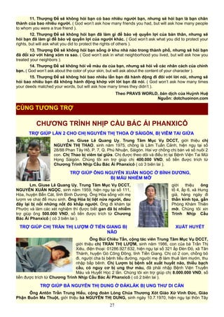 11. Thượng Đế sẽ không hỏi bạn có bao nhiêu người bạn, nhưng sẽ hỏi bạn là bạn chân
thành của bao nhiêu người. ( God won’t ask how many friends you had, but will ask how many people
to whom you were a true friend ).
12. Thượng Đế sẽ không hỏi bạn đã làm gì để bảo vệ quyền lợi của bản thân, nhưng sẽ
hỏi bạn đã làm gì để bảo vệ quyền lợi của người khác. ( God won’t ask what you did to protect your
rights, but will ask what you did to protect the rights of others ).
13. Thượng Đế sẽ không hỏi bạn sống ở khu nhà nào trong thành phố, nhưng sẽ hỏi bạn
đã đối xử với hàng xóm ra sao. ( God won’t ask in what neighborhood you lived, but will ask how you
treated your neighbors ).
14. Thượng Đế sẽ không hỏi về màu da của bạn, nhưng sẽ hỏi về các nhân cách của chính
bạn. ( God won’t ask about the color of your skin, but will ask about the content of your character ).
15. Thượng Đế sẽ không hỏi bao nhiêu lần bạn đã hành động đi đôi với lời nói, nhưng sẽ
hỏi bao nhiêu bạn đã không hành động khớp với lời bạn đã nói. ( God won’t ask how many times
your deeds matched your words, but will ask how many times they didn’t ).
Theo PRAVS WORLD, bản dịch của Huỳnh Huệ
Nguồn: dotchuoinon.com
CHƯƠNG TRÌNH NHỊP CẦU BÁC ÁI PHANXICÔ
TRỢ GIÚP LẦN 2 CHO CHỊ NGUYỄN THỊ THOA Ở SÀIGÒN, BỊ VIÊM TAI GIỮA
Lm. Giuse Lê Quang Uy, Trung Tâm Mục Vụ DCCT, giới thiệu chị
NGUYỄN THỊ THAO, sinh năm 1975, chồng là Lâm Tuấn Cảnh, hiện ngụ tại số
28/88 Phan Tây Hồ, P. 7, Q. Phú Nhuận, Sàigòn. Hai vợ chồng chị bán vé số nuôi 2
con. Chị Thao bị viêm tai giữa. Chị được theo dõi và điều trị tại Bệnh Viện Tai Mũi
Họng Sàigòn. Chúng tôi xin trợ giúp chị 400.000 VND, số tiền được trích từ
Chương Trình Nhịp Cầu Bác Ái Phanxicô ( có 3 biên lai ).
TRỢ GIÚP ÔNG NGUYỄN XUÂN NGỌC Ở BÌNH DƯƠNG,
BỊ MÁU NHIỄM MỠ
Lm. Giuse Lê Quang Uy, Trung Tâm Mục Vụ DCCT, giới thiệu ông
NGUYỄN XUÂN NGỌC, sinh năm 1959, hiện ngụ tại số 111, tổ 4, ấp 6, xã Hưng
Hòa, huyện Bến Cát, tỉnh Bình Dương. Ông Hòa sống với mẹ già, hàng ngày đi
lượm ve chai để mưu sinh. Ông Hòa bị liệt nửa người, đau thần kinh tọa, gần
đây lại bị nổi những nốt đỏ khắp người. Ông đi khám tại Phòng Khám Thiên
Phước và làm các xét nghiệm thì được biết gan đã bị nhiễm mỡ. Chúng tôi xin
trợ giúp ông 500.000 VND, số tiền được trích từ Chương Trình Nhịp Cầu
Bác Ái Phanxicô ( có 3 biên lai ).
TRỢ GIÚP CHỊ TRẦN THỊ LƯỢM Ở TIỀN GIANG BỊ XUẤT HUYẾT
NÃO
Ông Bùi Chiêu Tấn, cộng tác viên Trung Tâm Mục Vụ DCCT,
giới thiệu chị TRẦN THỊ LƯỢM, sinh năm 1986, con của bà Trần Thị
Xiêu, điện thoại: 01286.927.632, hiện ngụ tại số 321 ấp Đèn Đỏ, xã Tân
Thành, huyện Gò Công Đông, tỉnh Tiền Giang. Chị có 2 con, chồng bỏ
đi, người cha bị bệnh tiểu đường, người mẹ đi làm thuê làm mướn, thu
nhập bấp bênh. Chị Lượm bị bệnh sốt xuất huyết não, thiếu bạch
cầu, có nguy cơ bị ung thư máu, đã phải nhập Bệnh Viện Truyền
Máu và Huyết Học 2 lần. Chúng tôi xin trợ giúp chị 8.000.000 VND, số
tiền được trích từ Chương Trình Nhịp Cầu Bác Ái Phanxicô ( có 2 biên lai ).
TRỢ GIÚP BÀ NGUYỄN THỊ DUNG Ở ĐĂKLĂK BỊ UNG THƯ DI CĂN
Ông Antôn Trần Trung Hiếu, cộng đoàn Lòng Chúa Thương Xót Giáo Xứ Vinh Đức, Giáo
Phận Buôn Ma Thuột, giới thiệu bà NGUYỄN THỊ DUNG, sinh ngày 10.7.1970, hiện ngụ tại thôn Tây
27
CÙNG TƯƠNG TRỢ
 