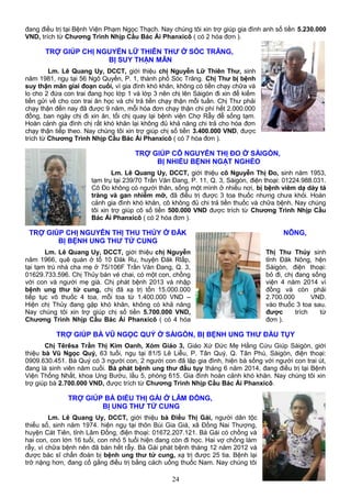 đang điều trị tại Bệnh Viện Phạm Ngọc Thạch. Nay chúng tôi xin trợ giúp gia đình anh số tiền 5.230.000
VND, trích từ Chương Trình Nhịp Cầu Bác Ái Phanxicô ( có 2 hóa đơn ).
TRỢ GIÚP CHỊ NGUYỄN LỮ THIÊN THƯ Ở SÓC TRĂNG,
BỊ SUY THẬN MÃN
Lm. Lê Quang Uy, DCCT, giới thiệu chị Nguyễn Lữ Thiên Thư, sinh
năm 1981, ngụ tại 56 Ngô Quyền, P. 1, thành phố Sóc Trăng. Chị Thư bị bệnh
suy thận mãn giai đoạn cuối, vì gia đình khó khăn, không có tiền chạy chữa và
lo cho 2 đứa con trai đang học lớp 1 và lớp 3 nên chị lên Sàigòn đi xin để kiếm
tiền gửi về cho con trai ăn học và chi trả tiền chạy thận mỗi tuần. Chị Thư phải
chạy thận đến nay đã được 9 năm, mỗi hóa đơn chạy thận chi phí hết 2.000.000
đồng, ban ngày chị đi xin ăn, tối chị quay lại bệnh viện Chợ Rẫy để sống tạm.
Hoàn cảnh gia đình chị rất khó khăn lại không đủ khả năng chi trả cho hóa đơn
chạy thận tiếp theo. Nay chúng tôi xin trợ giúp chị số tiền 3.400.000 VND, được
trích từ Chương Trình Nhịp Cầu Bác Ái Phanxicô ( có 7 hóa đơn ).
TRỢ GIÚP CÔ NGUYỄN THỊ ĐO Ở SÀIGÒN,
BỊ NHIỀU BỆNH NGẶT NGHÈO
Lm. Lê Quang Uy, DCCT, giới thiệu cô Nguyễn Thị Đo, sinh năm 1953,
tạm trụ tại 239/70 Trần Văn Đang, P. 11, Q. 3, Sàigòn, điện thoại: 01224.988.031.
Cô Đo không có người thân, sống một mình ở nhiều nơi, bị bệnh viêm dạ dày tá
tràng và gan nhiễm mỡ, đã điều trị được 3 toa thuốc nhưng chưa khỏi. Hoàn
cảnh gia đình khó khăn, cô không đủ chi trả tiền thuốc và chữa bệnh. Nay chúng
tôi xin trợ giúp cô số tiền 500.000 VND được trích từ Chương Trình Nhịp Cầu
Bác Ái Phanxicô ( có 2 hóa đơn ).
TRỢ GIÚP CHỊ NGUYỄN THỊ THU THỦY Ở ĐĂK NÔNG,
BỊ BỆNH UNG THƯ TỬ CUNG
Lm. Lê Quang Uy, DCCT, giới thiệu chị Nguyễn Thị Thu Thủy sinh
năm 1966, quê quán ở tổ 10 Đăk Ru, huyện Đăk Rlấp, tỉnh Đăk Nông, hện
tại tạm trú nhà cha mẹ ở 75/106F Trần Văn Đang, Q. 3, Sàigòn, điện thoại:
01629.733.596. Chị Thủy bán vé chai, có một con, chồng bỏ đi, chị đang sống
với con và người mẹ già. Chị phát bệnh 2013 và nhập viện 4 năm 2014 vì
bệnh ung thư tử cung, chị đã xạ trị tốn 15.000.000 đồng và còn phải
tiếp tục vô thuốc 4 toa, mỗi toa từ 1.400.000 VND – 2.700.000 VND.
Hiện chị Thủy đang gặp khó khăn, không có khả năng vào thuốc 3 toa sau.
Nay chúng tôi xin trợ giúp chị số tiền 5.700.000 VND, được trích từ
Chương Trình Nhịp Cầu Bác Ái Phanxicô ( có 4 hóa đơn ).
TRỢ GIÚP BÀ VŨ NGỌC QUÝ Ở SÀIGÒN, BỊ BỆNH UNG THƯ ĐẦU TỤY
Chị Têrêsa Trần Thị Kim Oanh, Xóm Giáo 3, Giáo Xứ Đức Mẹ Hằng Cứu Giúp Sàigòn, giới
thiệu bà Vũ Ngọc Quý, 63 tuổi, ngụ tại 81/5 Lê Liễu, P. Tân Quý, Q. Tân Phú, Sàigòn, điện thoại:
0909.630.451. Bà Quý có 3 người con, 2 người con đã lập gia đình, hiện bà sống với người con trai út,
đang là sinh viên năm cuối. Bà phát bệnh ung thư đầu tụy tháng 6 năm 2014, đang điều trị tại Bệnh
Viện Thống Nhất, khoa Ung Bướu, lầu 5, phòng 615. Gia đình hoàn cảnh khó khăn. Nay chúng tôi xin
trợ giúp bà 2.700.000 VND, được trích từ Chương Trình Nhịp Cầu Bác Ái Phanxicô.
TRỢ GIÚP BÀ ĐIỂU THỊ GÁI Ở LÂM ĐỒNG,
BỊ UNG THƯ TỬ CUNG
Lm. Lê Quang Uy, DCCT, giới thiệu bà Điểu Thị Gái, người dân tộc
thiểu số, sinh năm 1974. hiện ngụ tại thôn Bùi Gia Giá, xã Đồng Nai Thượng,
huyện Cát Tiên, tỉnh Lâm Đồng, điện thoại: 01672.207.121. Bà Gái có chồng và
hai con, con lớn 16 tuổi, con nhỏ 5 tuổi hiện đang còn đi học. Hai vợ chồng làm
rẫy, vì chữa bệnh nên đã bán hết rẫy. Bà Gái phát bệnh tháng 12 năm 2012 và
được bác sĩ chẩn đoán bị bệnh ung thư tử cung, xạ trị được 25 tia. Bệnh lại
trở nặng hơn, đang cố gắng điều trị bằng cách uống thuốc Nam. Nay chúng tôi
24
 