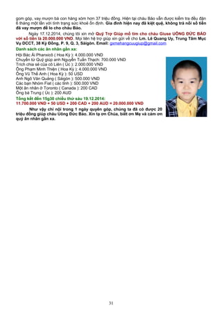 gom góp, vay mượn bà con hàng xóm hơn 37 triệu đồng. Hiện tại cháu Bảo vẫn được kiểm tra đều đặn
6 tháng một lần với tình trạng sức khoẻ ổn định. Gia đình hiện nay đã kiệt quệ, không trả nổi số tiền
đã vay mượn để lo cho cháu Bảo.
Ngày 17.12.2014, chúng tôi xin mở Quỹ Trợ Giúp mổ tim cho cháu Giuse UÔNG ĐỨC BẢO
với số tiền là 20.000.000 VND. Mọi liên hệ trợ giúp xin gửi về cho Lm. Lê Quang Uy, Trung Tâm Mục
Vụ DCCT, 38 Kỳ Đồng, P. 9, Q. 3, Sàigòn. Email: gxmehangcuugiup@gmail.com
Danh sách các ân nhân gần xa:
Hội Bác Ái Phanxicô ( Hoa Kỳ ): 4.000.000 VND
Chuyển từ Quỹ giúp anh Nguyễn Tuấn Thạch: 700.000 VND
Trích chia sẻ của cô Liên ( Úc ): 2.000.000 VND
Ông Phạm Minh Thiện ( Hoa Kỳ ): 4.000.000 VND
Ông Vũ Thế Anh ( Hoa Kỳ ): 50 USD
Anh Ngô Văn Quảng ( Sàigòn ): 500.000 VND
Các bạn Nhóm Fiat ( các tỉnh ): 500.000 VND
Một ân nhân ở Toronto ( Canada ): 200 CAD
Ông bà Trung ( Úc ): 200 AUD
Tổng kết đến 15g30 chiều thứ sáu 19.12.2014:
11.700.000 VND + 50 USD + 200 CAD + 200 AUD = 20.000.000 VND
Như vậy chỉ nội trong 1 ngày quyên góp, chúng ta đã có được 20
triệu đồng giúp cháu Uông Đức Bảo. Xin tạ ơn Chúa, biết ơn Mẹ và cám ơn
quý ân nhân gần xa.
31
 