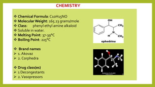  Chemical Formula: C10H15NO
 Molecular Weight: 165.23 grams/mole
 Class: phenyl ethyl amine alkaloid
 Soluble in water.
 Melting Point: 37-39°C
 Boiling Point: 225°C
 Brand names
 1. Akovaz
 2. Corphedra
 Drug class(es)
 1 Decongestants
 2.Vasopressors
CHEMISTRY
 