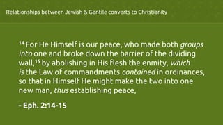 Relationships between Jewish & Gentile converts to Christianity	
14 For He Himself is our peace, who made both groups
into one and broke down the barrier of the dividing
wall,15 by abolishing in His flesh the enmity, which
is the Law of commandments contained in ordinances,
so that in Himself He might make the two into one
new man, thus establishing peace,	
- Eph. 2:14-15	
 