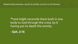 Relationships between Jewish & Gentile converts to Christianity	
16 and might reconcile them both in one
body to God through the cross, by it
having put to death the enmity.	
	
- Eph. 2:16	
 