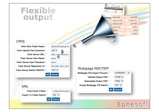 invoice	
  date	
           6/17/2008	
  

                             account	
  number	
     2-­‐1006-­‐475-­‐1	
  

                             reference	
  code	
          22177991	
  

                             service	
  code	
                954381	
  

                             amount	
                            29.34	
  

                             due	
  date	
                 7/7/2008	
  




CMIS




        Multipage PDF/TIFF




  XML
 