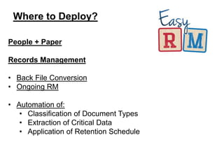 Where to Deploy? 
People + Paper 
Records Management 
• Back File Conversion 
• Ongoing RM 
• Automation of: 
• Classification of Document Types 
• Extraction of Critical Data 
• Application of Retention Schedule 
 