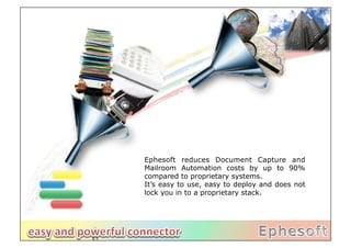 Ephesoft reduces Document Capture and
Mailroom Automation costs by up to 90%
compared to proprietary systems.
It’s easy to use, easy to deploy and does not
lock you in to a proprietary stack.
 