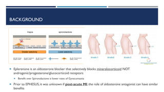 BACKGROUND
 Eplerenone is an aldosterone blocker that selectively blocks mineralocorticoid NOT
androgenic/progesterone/glucocorticoid receptors
 Benefit over Spironolactone is lower rates of Gynecomastia
 Prior to EPHESUS, it was unknown if post-acute MI, the role of aldosterone antagonist can have similar
benefits
 