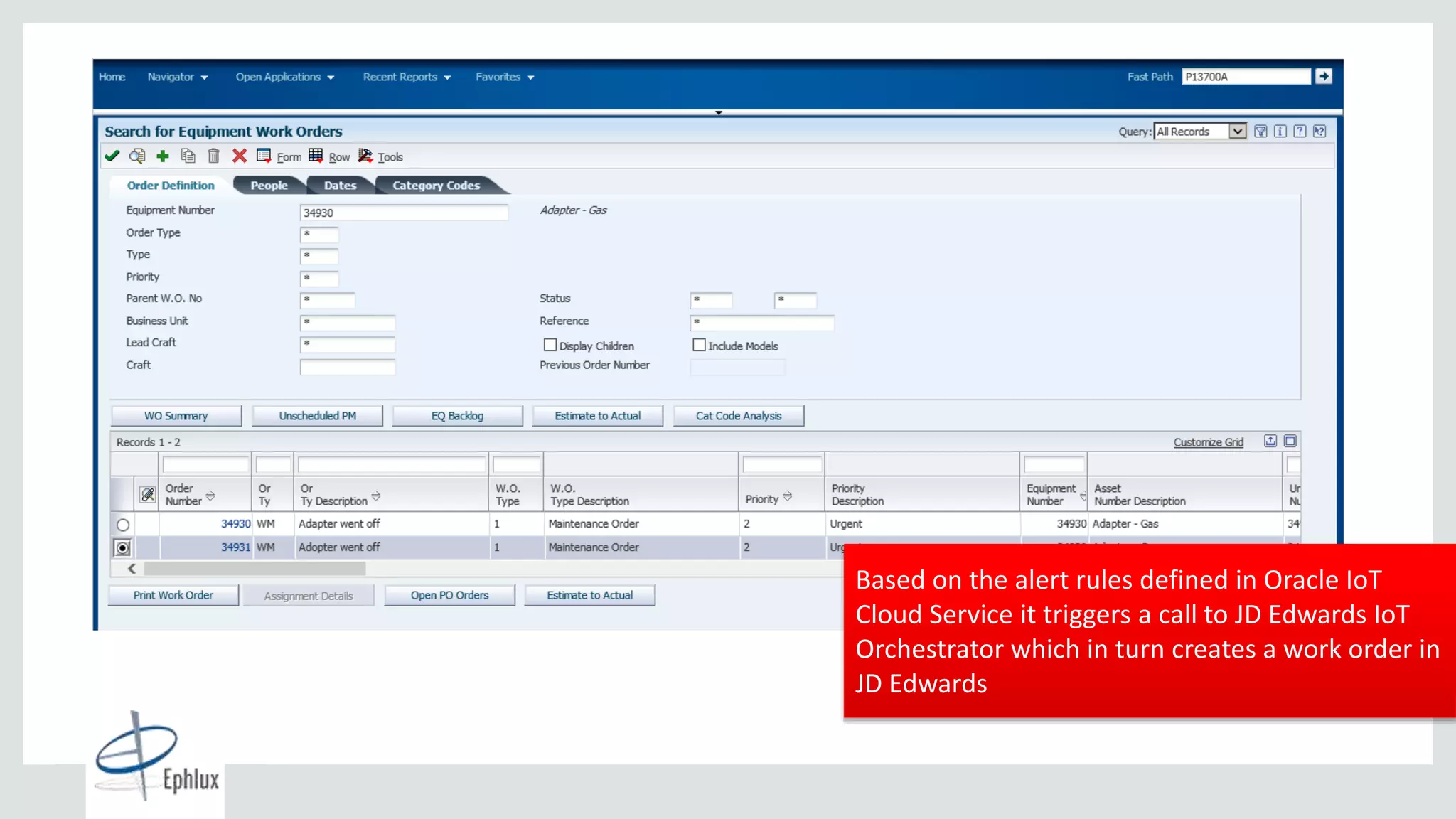Copyright © 2015, Oracle and/or its affiliates. All rights reserved. |
13
Global Data
Centers
2+ Billion
Cloud Transactions
per Day
Cloud Customers in
180+ Countries
34 Languages
10,000+
Cloud Enterprise
Customers
2,100+
Cloud
CX Customers
Based on the alert rules defined in Oracle IoT
Cloud Service it triggers a call to JD Edwards IoT
Orchestrator which in turn creates a work order in
JD Edwards
 