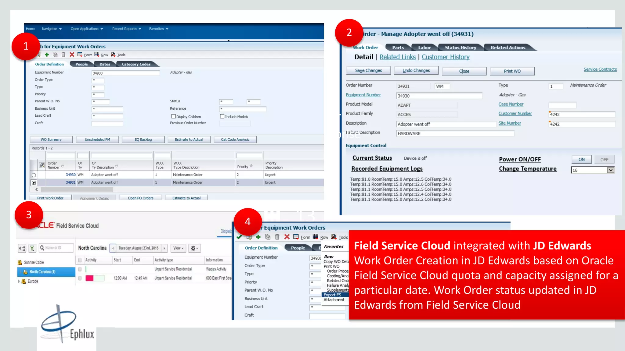 Copyright © 2015, Oracle and/or its affiliates. All rights reserved. |
13
Global Data
Centers
2+ Billion
Cloud Transactions
per Day
10,000+
Cloud Enterprise
Customers
2
3
Field Service Cloud integrated with JD Edwards
Work Order Creation in JD Edwards based on Oracle
Field Service Cloud quota and capacity assigned for a
particular date. Work Order status updated in JD
Edwards from Field Service Cloud
4
1
 
