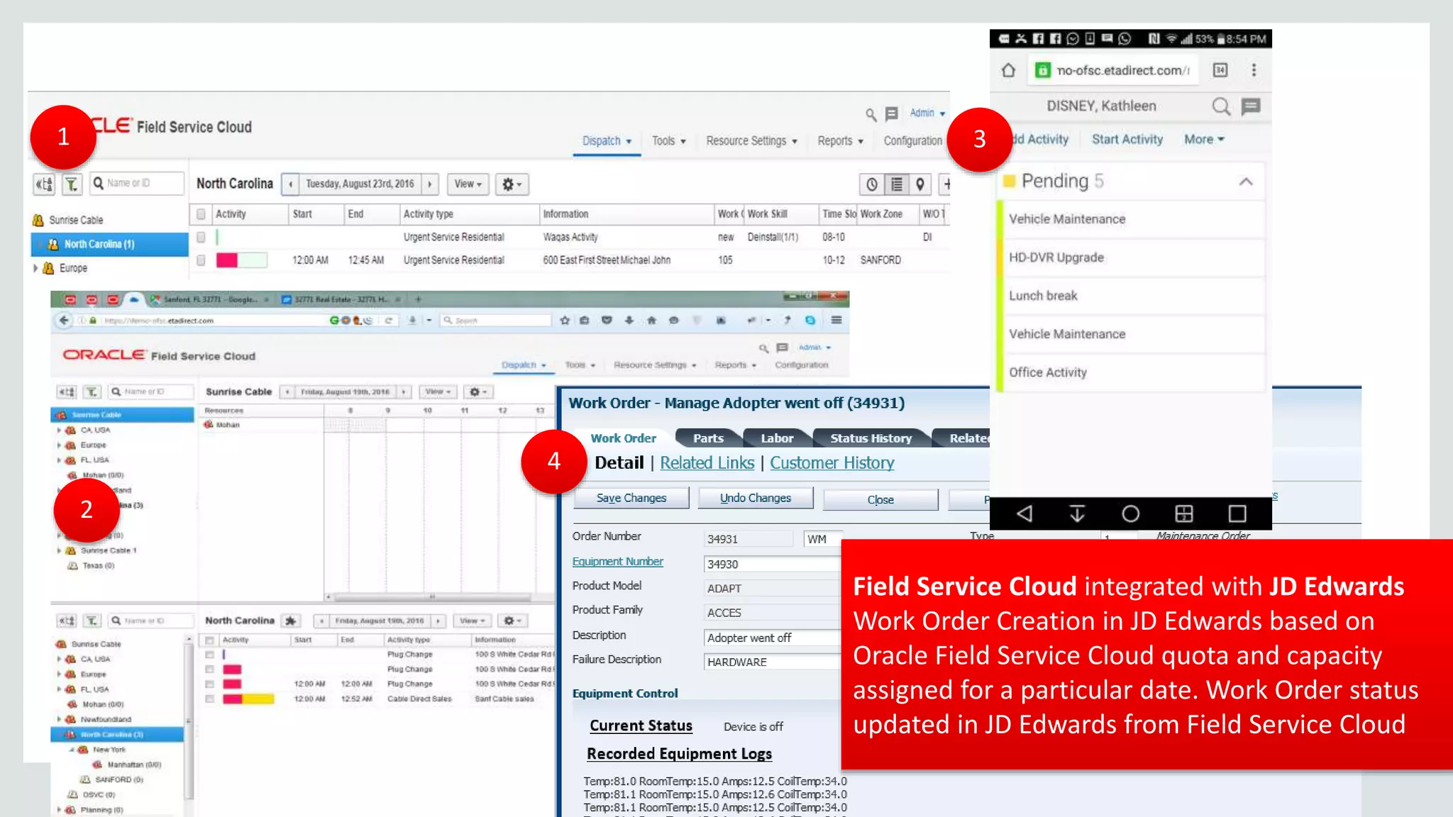 Copyright © 2015, Oracle and/or its affiliates. All rights reserved. |
2+ Billion
Cloud Transactions
per Day
1
2
2
4
Field Service Cloud integrated with JD Edwards
Work Order Creation in JD Edwards based on
Oracle Field Service Cloud quota and capacity
assigned for a particular date. Work Order status
updated in JD Edwards from Field Service Cloud
3
 