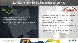 We got the opportunity to form a strong
relationship of trust with our client
Gain a deeper understanding of KOL physicians –
an important target group for us
Key learnings went beyond initial objectives
Outcomes / insights will be part of basic training
curriculum for myeloma
It has been a strong engagement tool with our
external stakeholders in Takeda
Main objective has been met: we have the starting
points for building a bespoke PEP
Project in the heart of the sweet spot where
patients, haematologists and company needs meet
 