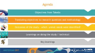 Objectives from Takeda
Translating objectives to research questions and methodology
Outcomes of the study – which unmet needs were identified?
Learnings on doing the study / technical
Key learnings
Agenda
 