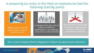 In preparing our entry in the field on myeloma we had the
following starting points
How to build a bespoke Patient Engagement Program that goes beyond adherence?
Takeda wants to put the
patient at the center of
everything we do
In Hungary there was a lot of
passion at different
stakeholders in haematology
– but not very well connected
Big differences in knowledge
on myeloma within Hungary
and lower availability of
treatments for patients
 