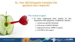 So, how did Szinapszis translate the
question into research?
The research goal:
 To fully understand their quality of life,
experience with symptoms, treatments, doctors.
1. LIVING with MULTIPLE MYELOMA
2. Difficulties on PATIENT PATHWAY
3. Mapping the phases: WHERE to support
4. And HOW to best support
 