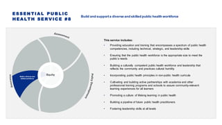 E S S E N T I A L P U B L I C
H E A LT H S E R V I C E # 8
Build and supporta diverse and skilled public health workforce
This service includes:
• Providing education and training that encompasses a spectrum of public health
competencies, including technical, strategic, and leadership skills
• Ensuring that the public health workforce is the appropriate size to meet the
public’s needs
• Building a culturally competent public health workforce and leadership that
reflects the community and practices cultural humility
• Incorporating public health principles in non-public health curricula
• Cultivating and building active partnerships with academia and other
professional training programs and schools to assure community-relevant
learning experiences for all learners
• Promoting a culture of lifelong learning in public health
• Building a pipeline of future public health practitioners
• Fostering leadership skills at all levels
 