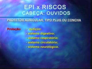EPI x RISCOS
CABEÇA: OUVIDOS
PROTETOR AURICULAR, TIPO PLUG OU CONCHAPROTETOR AURICULAR, TIPO PLUG OU CONCHA
Proteção:Proteção: - audição;- audição;
- sistema digestivo;- sistema digestivo;
- sistema respiratório;- sistema respiratório;
- sistema circulatório;- sistema circulatório;
- sistema neurológico.- sistema neurológico.
 