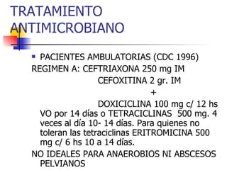 TRATAMIENTO ANTIMICROBIANO PACIENTES AMBULATORIAS (CDC 1996) REGIMEN A: CEFTRIAXONA 250 mg IM  CEFOXITINA 2 gr. IM + DOXICICLINA 100 mg c/ 12 hs VO por 14 días o TETRACICLINAS  500 mg. 4 veces al día 10- 14 días. Para quienes no toleran las tetraciclinas ERITROMICINA 500 mg c/ 6 hs 10 a 14 días. NO IDEALES PARA ANAEROBIOS NI ABSCESOS PELVIANOS 