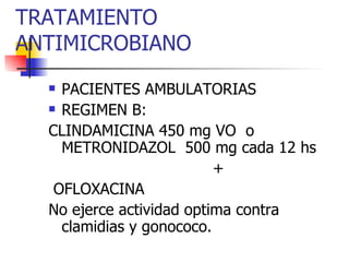 TRATAMIENTO ANTIMICROBIANO PACIENTES AMBULATORIAS REGIMEN B:  CLINDAMICINA 450 mg VO  o METRONIDAZOL  500 mg cada 12 hs + OFLOXACINA  No ejerce actividad optima contra clamidias y gonococo. 