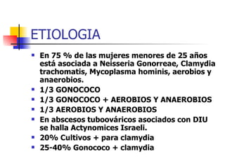 ETIOLOGIA En 75 % de las mujeres menores de 25 años está asociada a Neisseria Gonorreae, Clamydia trachomatis, Mycoplasma hominis, aerobios y anaerobios. 1/3 GONOCOCO 1/3 GONOCOCO + AEROBIOS Y ANAEROBIOS 1/3 AEROBIOS Y ANAEROBIOS En abscesos tuboováricos asociados con DIU se halla Actynomices Israeli. 20% Cultivos + para clamydia 25-40% Gonococo + clamydia 