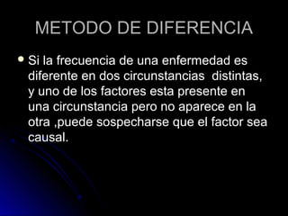 METODO DE DIFERENCIA
 Sila frecuencia de una enfermedad es
 diferente en dos circunstancias distintas,
 y uno de los factores esta presente en
 una circunstancia pero no aparece en la
 otra ,puede sospecharse que el factor sea
 causal.
 
