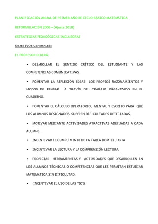 PLANIFICACIÓN ANUAL DE PRIMER AÑO DE CICLO BÁSICO MATEMÁTICA
REFORMULACIÓN 2006 – (Ajuste 2010)
ESTRATEGIAS PEDAGÓGICAS INCLUSORAS
OBJETIVOS GENERALES:
EL PROFESOR DEBERÁ:
• DESAROLLAR EL SENTIDO CRÍTICO DEL ESTUDIANTE Y LAS
COMPETENCIAS COMUNICATIVAS.
• FOMENTAR LA REFLEXIÓN SOBRE LOS PROPIOS RAZONAMIENTOS Y
MODOS DE PENSAR A TRAVÉS DEL TRABAJO ORGANIZADO EN EL
CUADERNO.
• FOMENTAR EL CÁLCULO OPERATORIO, MENTAL Y ESCRITO PARA QUE
LOS ALUMNOS DESIGNADOS SUPEREN DIFICULTADES DETECTADAS.
• MOTIVAR MEDIANTE ACTIVIDADES ATRACTIVAS ADECUADAS A CADA
ALUMNO.
• INCENTIVAR EL CUMPLIMINTO DE LA TAREA DOMICILIARIA.
• INCENTIVAR LA LECTURA Y LA COMPRENSIÓN LECTORA.
• PROPICIAR HERRAMIENTAS Y ACTIVIDADES QUE DESARROLLEN EN
LOS ALUMNOS TÉCNICAS O COMPETENCIAS QUE LES PERMITAN ESTUDIAR
MATEMÁTICA SIN DIFICULTAD.
• INCENTIVAR EL USO DE LAS TIC´S
 