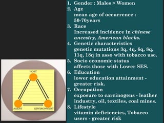 1. Gender : Males > Women
2. Age 
mean age of occurrence :
50-70years
3. Race 
Increased incidence in chinese
ancestry, American blacks.
4. Genetic characteristics 
genetic mutations 3q, 4q, 6q, 8q,
11q, 18q in asso with tobacco use.
5. Socio economic status 
affects those with Lower SES.
6. Education 
lower education attainment -
greater risk.
7. Occupation 
exposure to carcinogens - leather
industry, oil, textiles, coal mines.
8. Lifestyle 
vitamin deficiencies, Tobacco
users - greater risk
 