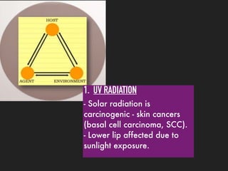 1. UV RADIATION
- Solar radiation is
carcinogenic - skin cancers
(basal cell carcinoma, SCC).
- Lower lip affected due to
sunlight exposure.
 