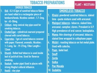 TOBACCO PREPARATIONS PLANT - NICOTIANA
SMOKED TOBACCO
1. Bidi : 0.2-0.3gm of sundried tobacco flakes
are hand rolled in a rectangular piece of
temburni/tendu. Nicotine content : 1.7-3mg,
tar : 45-50mg.
2. Chillum : long conical clay pipe used for
smoking tobacco.
3. Chutta/Cigar : cylindrical coarsest prepared
cheroot with cured tobacco.
4. Cigarretes : 1gm of cured tobacco covered
with paper. Flavored, aromatic. Nicotine :
1-1.4mg, Tar : 19-27mg. Filter Length=
12mm
5. Dhumti : Rolled leaf tobacco is used inside
leaf of jackfruit tree. Used for Reverse
smoking.
6. Hookah : (water pipe) Used in places with
strong Moghul cultural influence.
7. Hookli : clay pipe
SMOKELESS TOBACCO
1. Khaini :powdered sundried tobacco, slaked
lime -paste mixture used with arecanut.
2. Mainpuri tobacco : tobacco, slaked lime,
arecanut, camphor, cloves. Prevalent in U.P.
High prevalence of oral cancer, leukoplakia.
3. Mawa: thin shavings of arecanut, tobacco,
slaked lime wrapped in cellophane paper.
4. Mishri : roasting tobacco on hot metal plate.
Used with catechu.
5. Paan : betel leaf.
6. Snuff
7. Zarda
8. Gutka
9. Pan Masala
10. Gudakhu
 