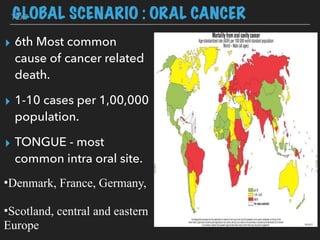 TEXT
▸ 6th Most common
cause of cancer related
death.
▸ 1-10 cases per 1,00,000
population.
▸ TONGUE - most
common intra oral site.
•Denmark, France, Germany,
•Scotland, central and eastern
Europe
GLOBAL SCENARIO : ORAL CANCER
 