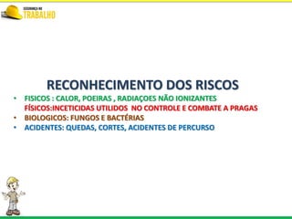 RECONHECIMENTO DOS RISCOS
• FISICOS : CALOR, POEIRAS , RADIAÇOES NÃO IONIZANTES
FÍSICOS:INCETICIDAS UTILIDOS NO CONTROLE E COMBATE A PRAGAS
• BIOLOGICOS: FUNGOS E BACTÉRIAS
• ACIDENTES: QUEDAS, CORTES, ACIDENTES DE PERCURSO
 
