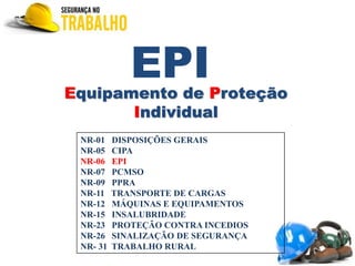EPIEquipamento de Proteção
Individual
NR-01 DISPOSIÇÕES GERAIS
NR-05 CIPA
NR-06 EPI
NR-07 PCMSO
NR-09 PPRA
NR-11 TRANSPORTE DE CARGAS
NR-12 MÁQUINAS E EQUIPAMENTOS
NR-15 INSALUBRIDADE
NR-23 PROTEÇÃO CONTRA INCEDIOS
NR-26 SINALIZAÇÃO DE SEGURANÇA
NR- 31 TRABALHO RURAL
 