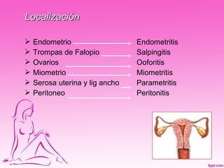Localización

   Endometrio                   Endometritis
   Trompas de Falopio           Salpingitis
   Ovarios                      Ooforitis
   Miometrio                    Miometritis
   Serosa uterina y lig ancho   Parametritis
   Peritoneo                    Peritonitis
 