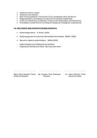 Asistencia mínima a clases
Asistencia a las prácticas
Nota mínima aprobatoria 13 la fracción 0,5 es considerada a favor del alumno
Responsabilidad y puntualidad en la ejecución de prácticas programadas
Al 30% de inasistencias injustificadas, el alumno será desaprobado automáticamente
Puntualidad y cumplimiento en la entrega de trabajos de investigación y exposiciones
VII.-RECURSOS BIBLIOGRAFICOS/BIBLIOGRAFIA
Epidemiologia básica R. Bonita (2009)
Epidemiologia para el control de enfermedades transmisibles MINSA (2008)
Manual de vigilancia epidemiológica MINSA (2009)
- DIRECCIONES ELECTRÓNICAS DE INTERES
- Organización Mundial de la Salud. http://www.who.int/en/
…………………………………….. …………………………………… ……………………………………..
María Alicia Espichan Peves Ing. Amanda Vivas Rodríguez Lic. Jesús Sánchez Torres
Enfermera Docente Directora Jefe de la Unidad
 