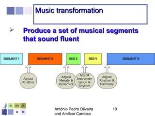 António Pedro Oliveira
and Amílcar Cardoso
19
Music transformationMusic transformation
 Produce a set of musical segmentsProduce a set of musical segments
that sound fluentthat sound fluent
 