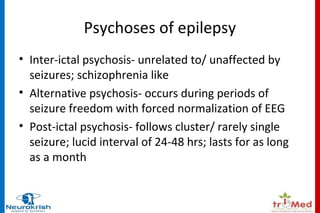 Psychoses of epilepsy 
• Inter-ictal psychosis- unrelated to/ unaffected by 
seizures; schizophrenia like 
• Alternative psychosis- occurs during periods of 
seizure freedom with forced normalization of EEG 
• Post-ictal psychosis- follows cluster/ rarely single 
seizure; lucid interval of 24-48 hrs; lasts for as long 
as a month 
 