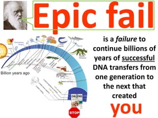 Epic failis a failure to
continue billions of
years of successful
DNA transfers from
one generation to
the next that
created
you
 