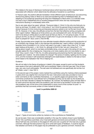 This relates to the issue of disclosure mentioned above which becomes another important factor
associated with reﬂection which determines the attitudes of students to e-portfolios.
In Tracey’s case, the positive attitude translates in three different types of behaviours: (a) overcoming
shortcoming (taking notes on Word or by hand and transferring them to Pebblepad later), (b)
adapting to circumstances (exporting her blog from Pebblepad to Word when a co-ordinator does
not want a log in PebblePad) and (c) avoiding disappointment when she has misinterpreted
instructions resulting in unnecessary extra work.
Sue is very open about her peers’ attitude: "Everyone hates it. I think I’m the only one that puts my
hand up and says ‘it’s alright, I don’t mind using it,’ but I think the general thing is everyone hates
doing it because it’s time consuming and because everyone rushes to do it at the last minute" (lines
201-3). However, in her view, this attitude comes from the fact that reﬂective writing competes with
other urgent matters: “[B]ecause at times (when) you are overloaded with work, the last thing you
want to be doing is writing about yourself cause all that you feel is, I’m not going to pass, I’m not
going to do this, so why am I writing about myself when I’ve got a bit old essay to write or a massive
exam to prepare for" (Sue, Level 2, lines 64-68).
Finally, Sue provides some insight into how attitudes towards reﬂective writing and the production of
an e-portfolio may change. Early in the interview she admitted she “used it mainly in [the] 2nd year
because I kind of avoided it in my 1st but I still used it, but yeah, 2 years. (Sue, lines 3-4). “It might
seem tedious at the start (...). So I think it’s, although at ﬁrst it’s like ‘why am I doing this?', I’m
talking about myself, which no one feels comfortable doing, once you get in the swing of it and you
actually realize OK, this is helping me, it becomes a lot more creative and a lot more better to use, I
think” (Sue, Level 2, lines 17-20). So, it is after persevering and practicing that the task becomes
enjoyable and ‘creative’. So what enables the change? The sense of mastery (‘getting into the swing
of it’), and the increase in self-awareness (strengths and weaknesses) in relation to the task at hand
which leads to the realisation that ‘this is helping me’.
Guidance
We will not refer to the theme of guidance in detail in this paper, except to point out that students
were aware of the tutor’s attitude to PDP, and e-portfolios: Helen in the ﬁrst year said “One of them
was, very very much enthusiastic. The rest were not bothered and one speciﬁcally did not like it at
all” (Helen, Level 1, lines 150-1).
In the second year of the project, tutors marked the e-portfolios using the marking criteria expressed
in grids which vary slightly from one level to the next. Instructions were also provided on how to
enter comments on the e-portfolios themselves, i.e. on speciﬁc pages and general ones. These
comments constitute the most efﬁcient form of feedback as they can be seen by the students as
soon as the team decides to release the feedback. By contrast, the feedback grids normally ﬁlled in
by hand cannot be returned within the academic year and have to be handed in at the start of the
next academic year. At the time of this presentation a quick count of the number of Level 1 e-
portfolios that had comments written on them looked as follows:
0
15,0
30,0
45,0
60,0
General	
  comment Commnents	
  on	
  pages Both No	
  comments
Level	
  1	
  e-­‐portfolios	
  2009-­‐10
%
Figure 1. Types of comments written by markers on the e-portfolios (on PebblePad).
As can be seen, there was considerable variability in the way the markers chose to give feedback.
Of the 135 e-portfolios submitted, only 3 had both general comments and comments on the pages.
About half had only comments on the pages (51.9%) and over a quarter (27.4%) had only a general
comment. Although the best practice may be to write both types of feedback, it could be argued
that detailed comments on the pages may be preferable to just a general comment. However, the
ePIC 2011 Proceedings
157
 
