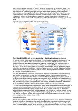 real and digital worlds, as shown in Figure 2? When we focus on internal authenticity alone, it can
lead to self-absorption, narcissism, and misrepresentation of the self. This very real danger can be
mitigated through Computer Supported Personal Development, which will encourage internal
authenticity in constructing a Digital Myself and a corresponding Analog Myself through increased
consciousness of how we represent ourselves in the real and digital world. At the same time, we
hope that by painting an authentic picture of both the real and digital selves, individuals will be
motivated to learn to communicate more effectively and live their lives more meaningfully in the real
world.
Figure 3: Applying Digital Myself to ESL vocabulary building
!
Digital'World Real'World
Recognize
Command
Command
Recognize
Ears
Mouth
Speaker
Mic.
K,'M,'P*Recognize Hands Command
Recognize
Command
Command
Recognize
Eyes
Hands
Display
Camera
Applying Digital Myself to ESL Vocabulary Building in a Second Culture
To address the four challenges (i-iv) described in the previous section, we will explore identity in a
second language and culture for Japanese learners in the context of North American culture.
Speaking a second language and participating in another culture, even from afar, can provide a
dynamic way to experience virtual identity in relation to the real world. This restricted context
enables us to use an ESL vocabulary building portfolio as a source of digitally observable internal,
external, and mirrored representations in context. Furthermore, in the process of portfolio building,
the principles of folio thinking can assist with the transfer of analog information from the real life of
an individual into a digital environment.
The term “folio thinking” was coined to describe the effective use of portfolios in speciﬁc teaching
and learning contexts. Folio thinking asks individuals to uncover the processes of reﬂection,
integration, and social interaction that have transformed them into the people they have come to be.
Individual development takes place via a cycle of reﬂection and action through which we transform
the information we receive into knowledge we own. Learning deepens when we organize, integrate,
and apply it across contexts. Social interaction with mentors and peers further forms our identities
as we participate in and learn to become members of multiple communities of practice.
Our road map for developing the ﬁrst iteration of Digital Myself employs the following components in
response to the four challenges identiﬁed above: (a) External and mirrored representations will be
explored using a portfolio to support the acquisition of U.S. English vocabulary, (b) The internal
authenticity process will be explored using principles of folio thinking, (c) The importance of context
will be explored by observing Japanese ESL learners engaging with North American culture, and (d)
The external authenticity process will be explored by observing the interaction of learners with ESL
tutors and peers in the real and digital worlds.
Implementation Issues
We will apply Digital Myself to ESL vocabulary building using a context-aware eLearning platform (as
shown in Figures 3 and 4) based on the Sakai Collaboration and Learning Environment, which has
been used at Nagoya University and other educational institutions throughout the world. We will use
Sakai to offer a personal learning record exploring the uses of English language vocabulary in North
ePIC 2011 Proceedings
229
 