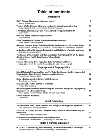 Table of contents
Healthcare
ISCP: Change Management Lessons Learnt
 9
Jeremy Brooks-Martin
The use of ePortfolio as a learning medium in clinical nursing training
 14
Kirsten Nielsen1, Niels Henrik Helms2, Birthe D. Pedersen3
ePortfolios, Physiotherapy and Professional Development in the UK
 20
Gwyn Owen
Personal Health Portfolios: myHealthfolio
 22
Michael Norton
Folio Thinking in an On-line Student Learning Community
 24
Eileen Brennan, Renu Varughese
Dynamic Learning Maps: Embedding Reﬂective Learning in Curriculum Maps
 25
Simon Cotterill, Paul Horner, John Peterson, Gordon Skelly, Tony McDonald, Steve Ball
At the Core of the Curriculum; Embedding and Mobilising ePortfolio Learning
 27
Delia Muir, Christopher Murray
The Impact of Information and Communication Technology (ICT) on the Social
Construction of Health Care Student's Knowledge
 29
Niall Dew
Factors Inﬂuencing Error Reporting Behavior of Korean Nurses
 30
Myoung Soo Kim1, Yun Hee Kim1, Jung Soo Kim1, Sun Kyung Hwang2
Employment & Employability
Mixed Methods? Exploring How an ePortfolio Can Support the Development of
Employability Skills Through Research and Reﬂection.
 32
Emma Purnell, Lynda Holland
Secure Exchange within Employability Services
 36
Dries Pruis, Lex Polman
Evaluation of Job Fits as Part of ePortfolio
 39
Vincent Cho, Xu Huang
Re-locating the ePortfolio: Empowering the Individual through an Employability
Ecosystem for Lifelong Learning
 43
Kirstie Coolin, Thomas Kirkham, Sandra Winﬁeld, Stuart Wood
Career Portfolio Manitoba
 45
Don Presant
Initial Education
Are Second Or Third Grade Students Too Young For Arranging An Eportfolio?
 47
Ebru Hezen, Faruk Eromay, İdil Akhan
EPortfolio in primary schools. Using Mahara to enhance reﬂective learning and
motivation.
 50
Lorella Giannandrea, Marilena Sansoni
Comptence-based portfolio for primary education
 57
M. Guadalupe Generelo-Perez, J. Enrique Agudo, Mercedes Rico
Higher & Further Education
INTEGRATE: INTerlinking and Embedding GRaduate ATtributes at Edinburgh
 62
Robert Chmielewski, Tina Harrison, Nora Mogey, Jessie Paterson
ePIC 2011 Proceedings
3
 