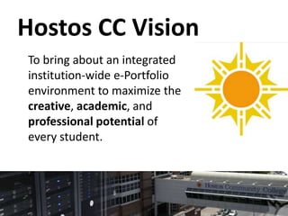 Hostos CC Vision 
To bring about an integrated 
institution-wide e-Portfolio 
environment to maximize the 
creative, academic, and 
professional potential of 
every student. 
 