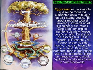COSMOVISIÓN NÓRDICA: Yggdrassil   es un símbolo que reúne todos los elementos de la mitología en un sistema poético. El árbol simboliza todo el universo y extiende en él sus raíces y sus ramas. Este árbol inmortal se mantiene de pie y florece de año en año. Es el árbol de la existencia. Es el Pasado, el Presente y el Futuro; lo que ha sido hecho, lo que se hace y lo que se hará. Dios y los hombres, todo lo que posee vida y es consciente, tiene su morada en este árbol. Ygdrassill es el símbolo de la Vida Renovada . 