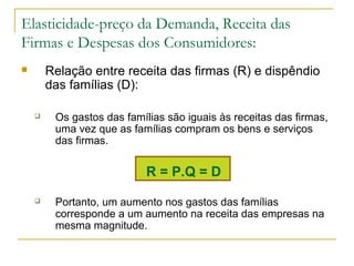 Elasticidade-preço da Demanda, Receita das
Firmas e Despesas dos Consumidores:
 Relação entre receita das firmas (R) e dispêndio
das famílias (D):
 Os gastos das famílias são iguais às receitas das firmas,
uma vez que as famílias compram os bens e serviços
das firmas.
R = P.Q = D
 Portanto, um aumento nos gastos das famílias
corresponde a um aumento na receita das empresas na
mesma magnitude.
 