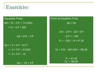 Exercício:
Equações Finais:
Qd = 10 – 3 P + 1,5 (200)
= 10 – 3 P + 300
Qd = 310 – 3 P
Qs = - 5 + 5 P – 0,5 T
= - 5 + 5 P – 0,5(30)
= - 5 + 5 P – 15
Qs = - 20 + 5 P
Ponto de Equilíbrio Final:
Qd = Qs
310 – 3 P = - 20 + 5 P
- 8 P = - 330
P1 = - 330 / - 8 = 41,25
Q1 = 310 – 3(41,25) = 186,25
P1 = 41,25
Q1 = 186,25
 