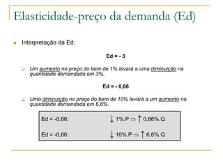 Elasticidade-preço da demanda (Ed)
 Interpretação da Ed:
Ed = - 3
 Um aumento no preço do bem de 1% levará a uma diminuição na
quantidade demandada em 3%.
Ed = - 0,66
 Uma diminuição no preço do bem de 10% levará a um aumento na
quantidade demandada em 6,6%.
Ed = -0,66: ↓ 1%.P  ↑ 0,66%.Q
Ed = -0,66: ↓ 10%.P  ↑ 6,6%.Q
 