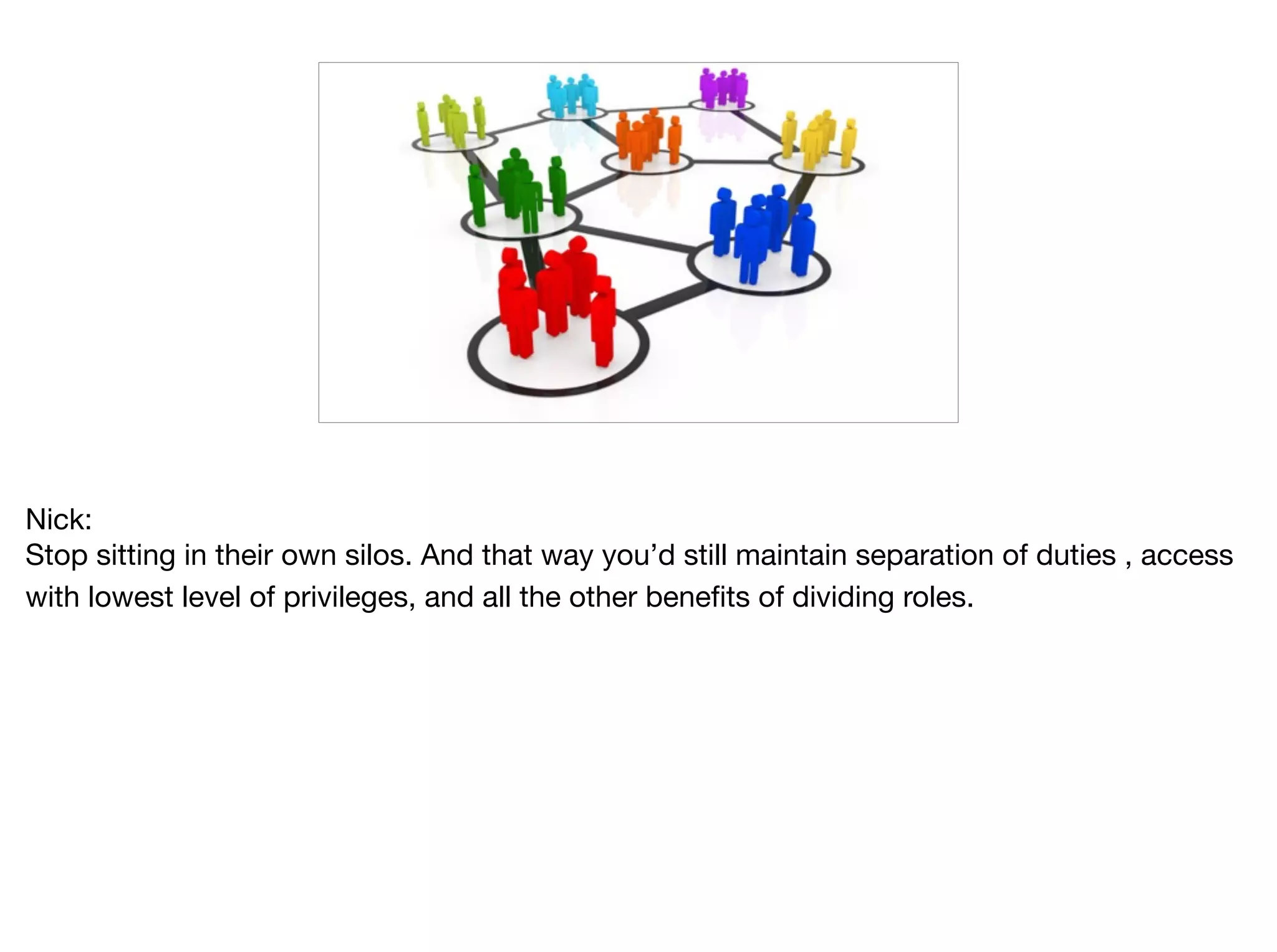 Nick:

Stop sitting in their own silos. And that way you’d still maintain separation of duties , access
with lowest level of privileges, and all the other benefits of dividing roles.

 