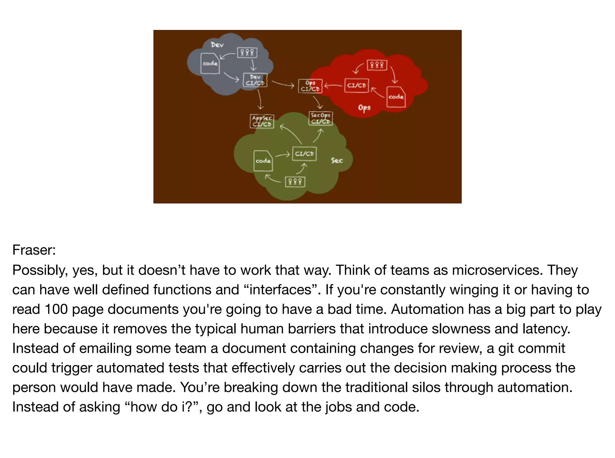 Fraser:

Possibly, yes, but it doesn’t have to work that way. Think of teams as microservices. They
can have well defined functions and “interfaces”. If you're constantly winging it or having to
read 100 page documents you're going to have a bad time. Automation has a big part to play
here because it removes the typical human barriers that introduce slowness and latency.
Instead of emailing some team a document containing changes for review, a git commit
could trigger automated tests that effectively carries out the decision making process the
person would have made. You’re breaking down the traditional silos through automation.
Instead of asking “how do i?”, go and look at the jobs and code.
 