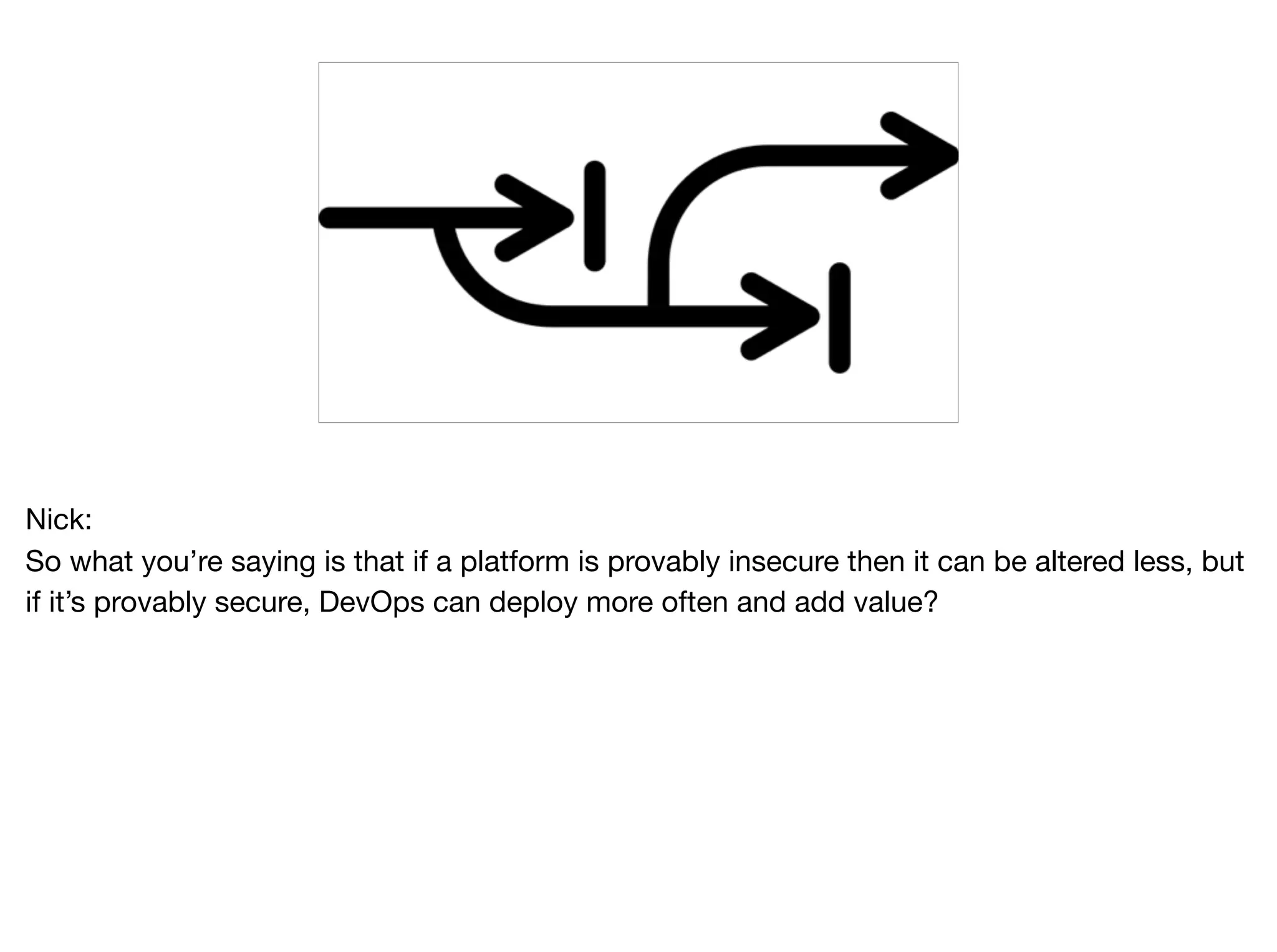 Nick:

So what you’re saying is that if a platform is provably insecure then it can be altered less, but
if it’s provably secure, DevOps can deploy more often and add value?

 