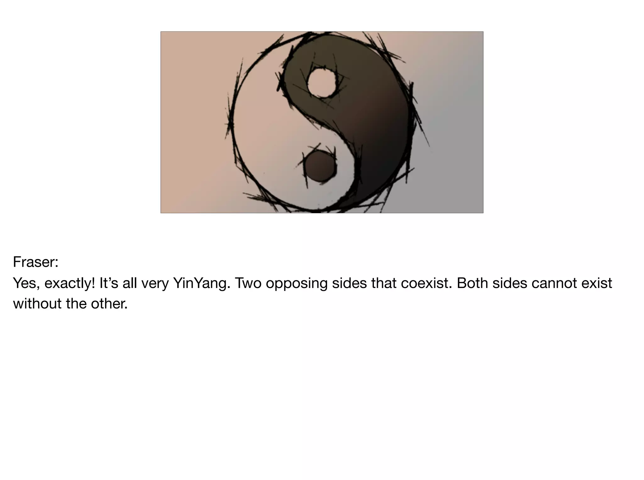 Fraser:

Yes, exactly! It’s all very YinYang. Two opposing sides that coexist. Both sides cannot exist
without the other.
 