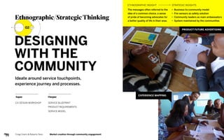 Ethnographic/StrategicThinking
Input
DESIGNING 
WITH THE  
COMMUNITY
02
PRODUCT FUTURE ADVERTISING
Ideate around service t...